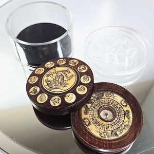 Vintage Chinese Zodiac Wood Compass Box Feng Shui Luopan Style Carved Round Case